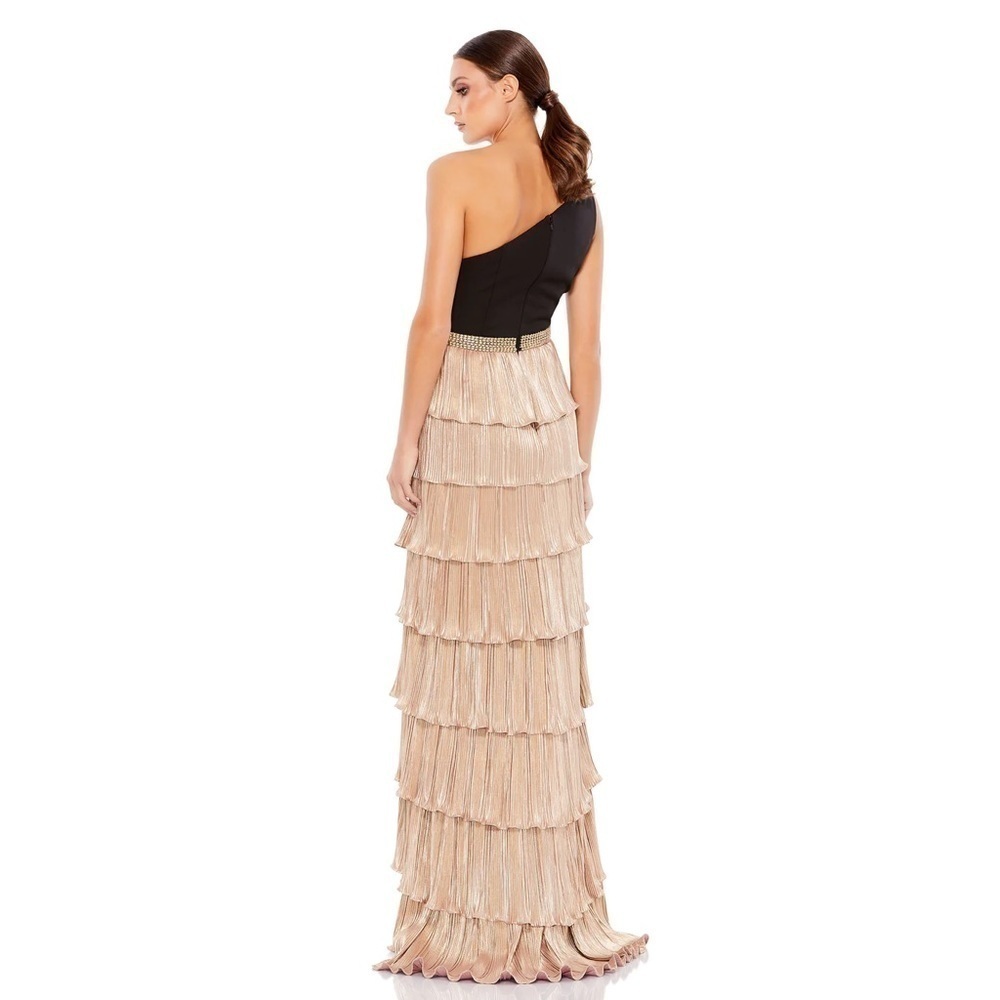 MAC DUGGAL Gold One Shoulder Layered Metallic Ruffle Evening Gown - Picture 11 of 14